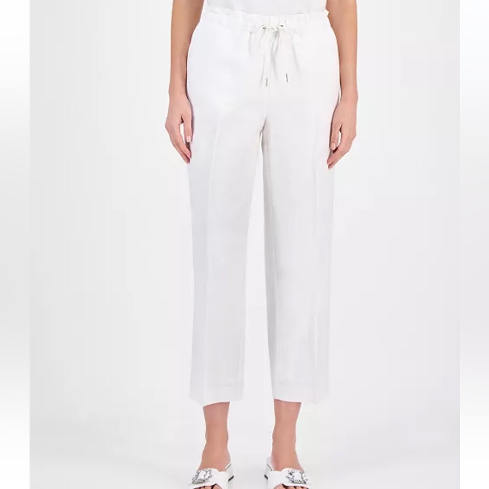 Anne KleinWomen's Linen Blend Drawstring-Waist Ankle crop Pants Bright White S